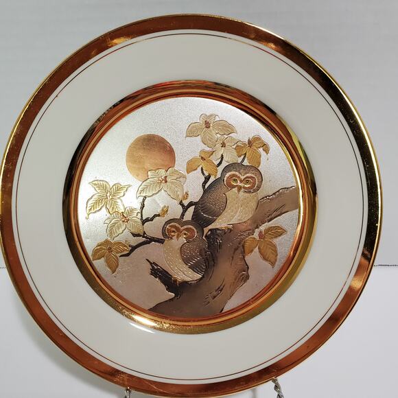 Vintage 1983 Art Of Chokin 24kt Gold Edged Gilt Plate Owl in Tree 9" Japan - Picture 8 of 8